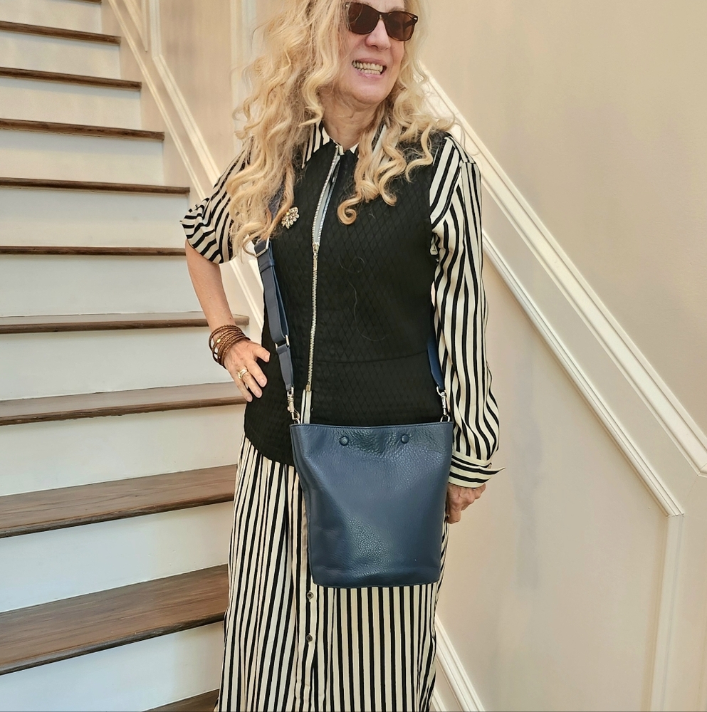 Steven Alan Ex Cond Blue Denim Pebble Leather Bucket Crossbody Bag, $64